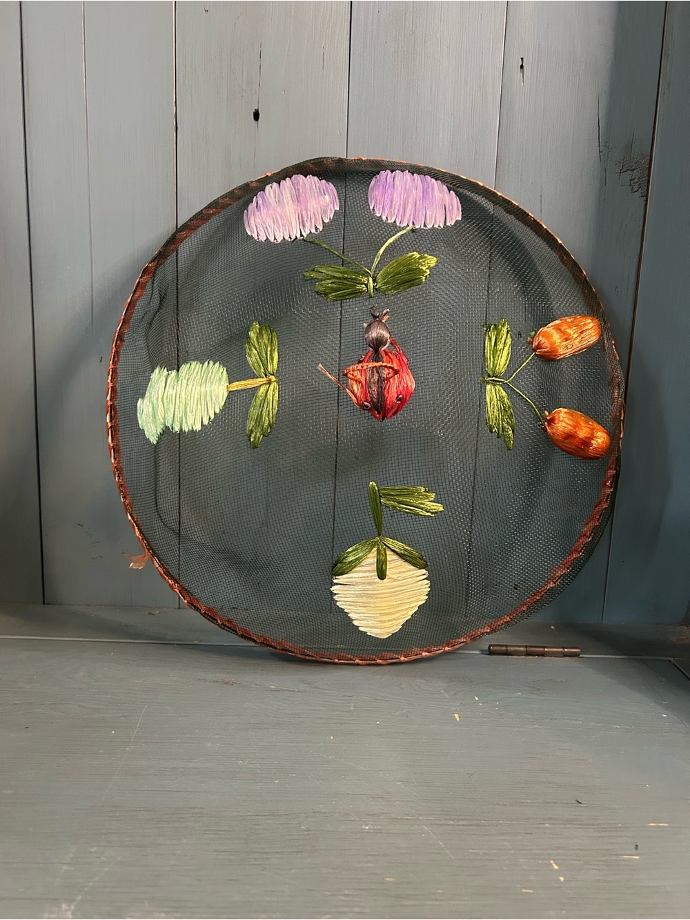 Vintage Embroidered Floral Wire Sieve - Hand Stitched Flowers & Ladybug